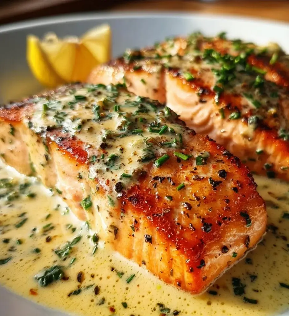 Baked salmon fillet topped with lemon butter cream sauce on a plate