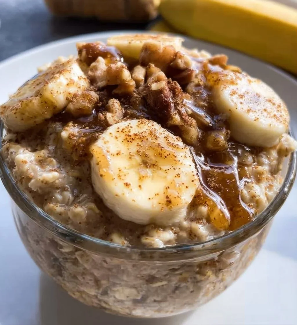 Bowl of banana bread overnight oats topped with banana slices and nuts