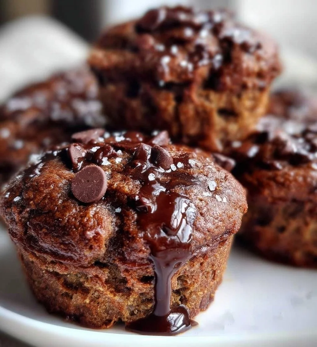 Delicious banana chocolate protein muffins on a wooden table