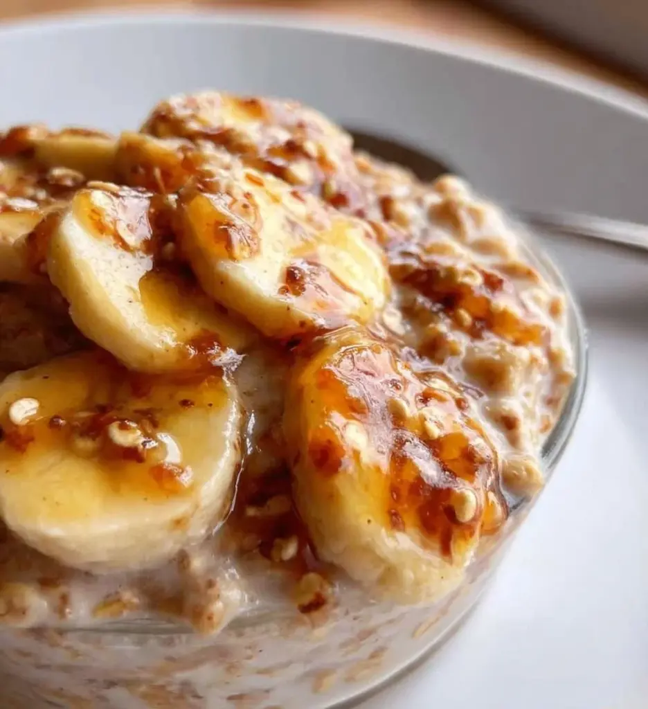 Delicious banana overnight oats topped with sliced bananas and nuts