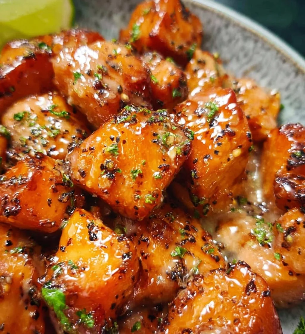 Delicious Bang Bang Salmon Bites served on a platter with dipping sauce