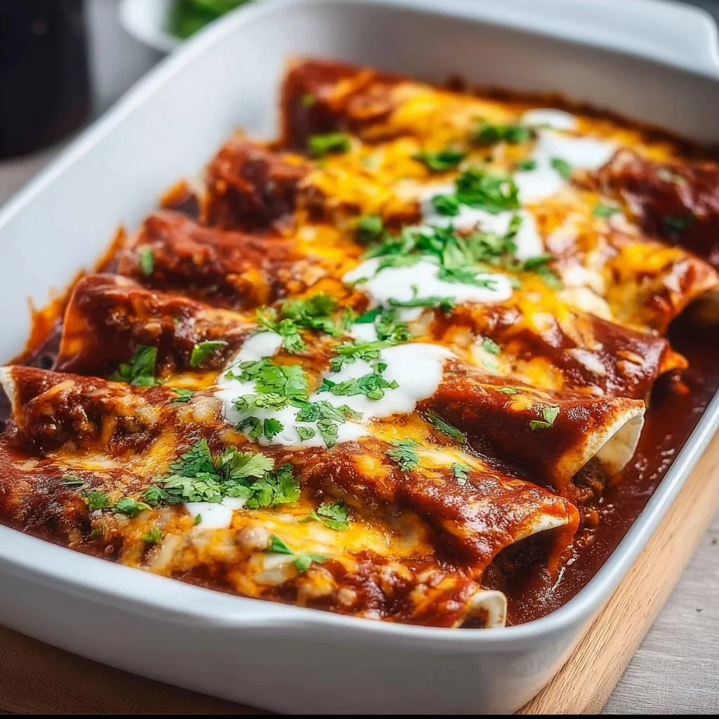 Plate of beef enchiladas topped with red sauce and garnished with cilantro