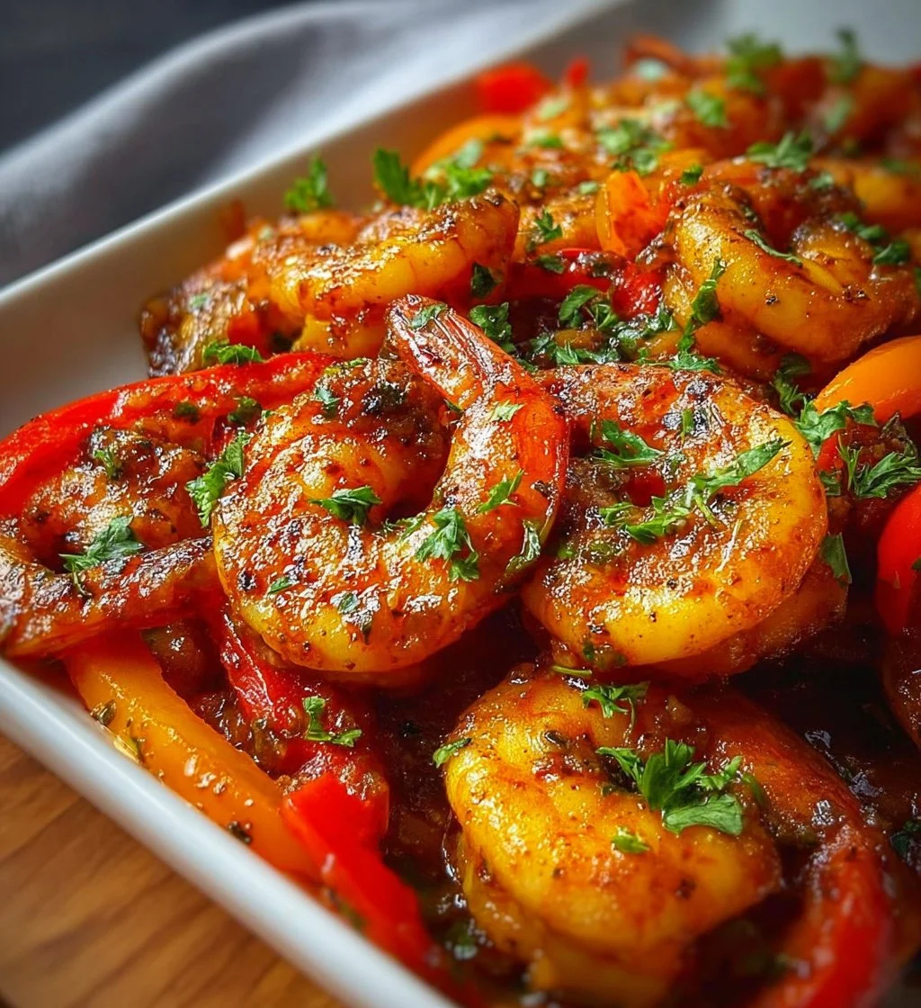 Plate of best shrimp fajitas with colorful peppers and onions