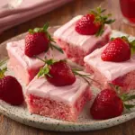 Delicious slice of Best Strawberry Sheet Cake topped with fresh strawberries
