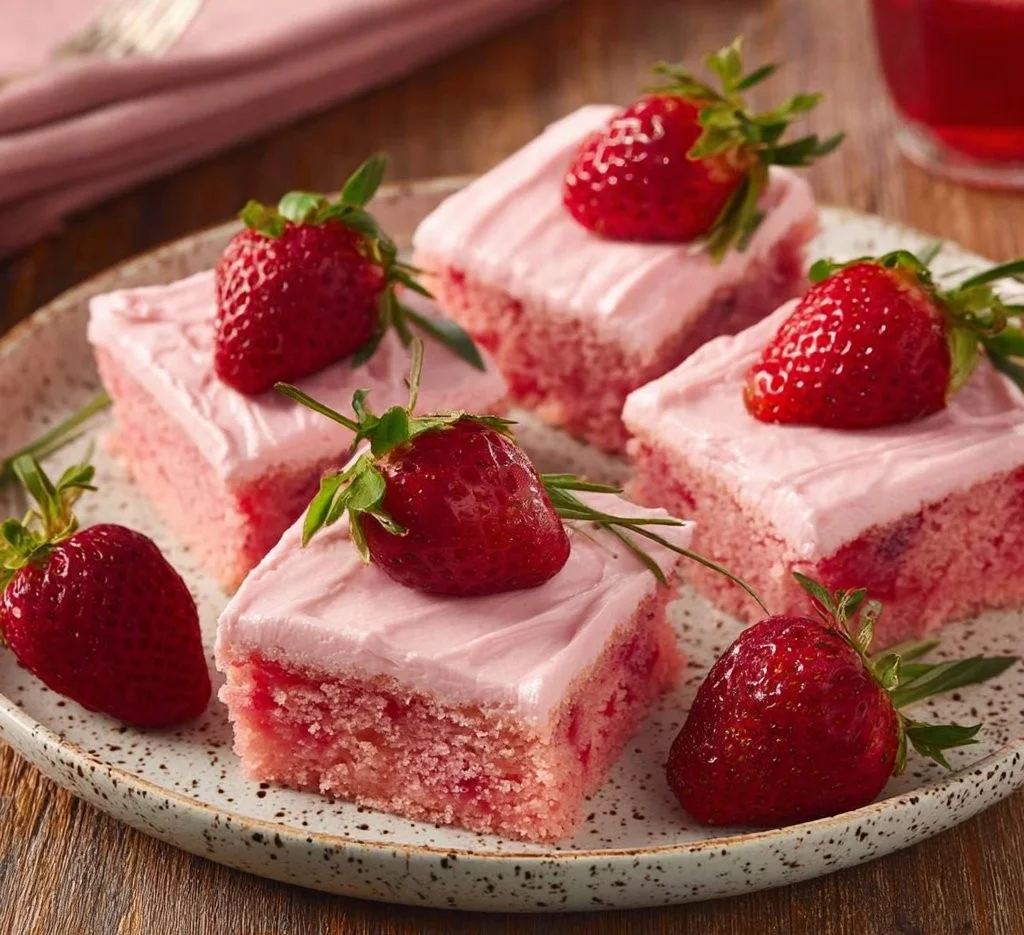 Delicious slice of Best Strawberry Sheet Cake topped with fresh strawberries