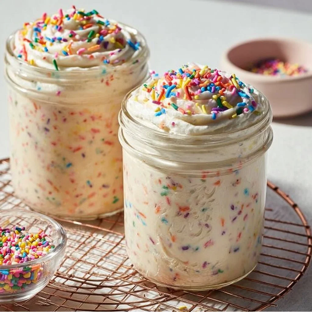 Colorful birthday cake overnight oats topped with sprinkles and fresh fruit.