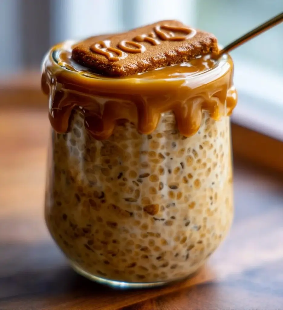 Biscoff Overnight Oats topped with crushed cookies and drizzled with sauce