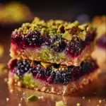 Deliciously layered Blackberry Pistachio Dream Bars ready to be enjoyed.