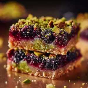 Deliciously layered Blackberry Pistachio Dream Bars ready to be enjoyed.