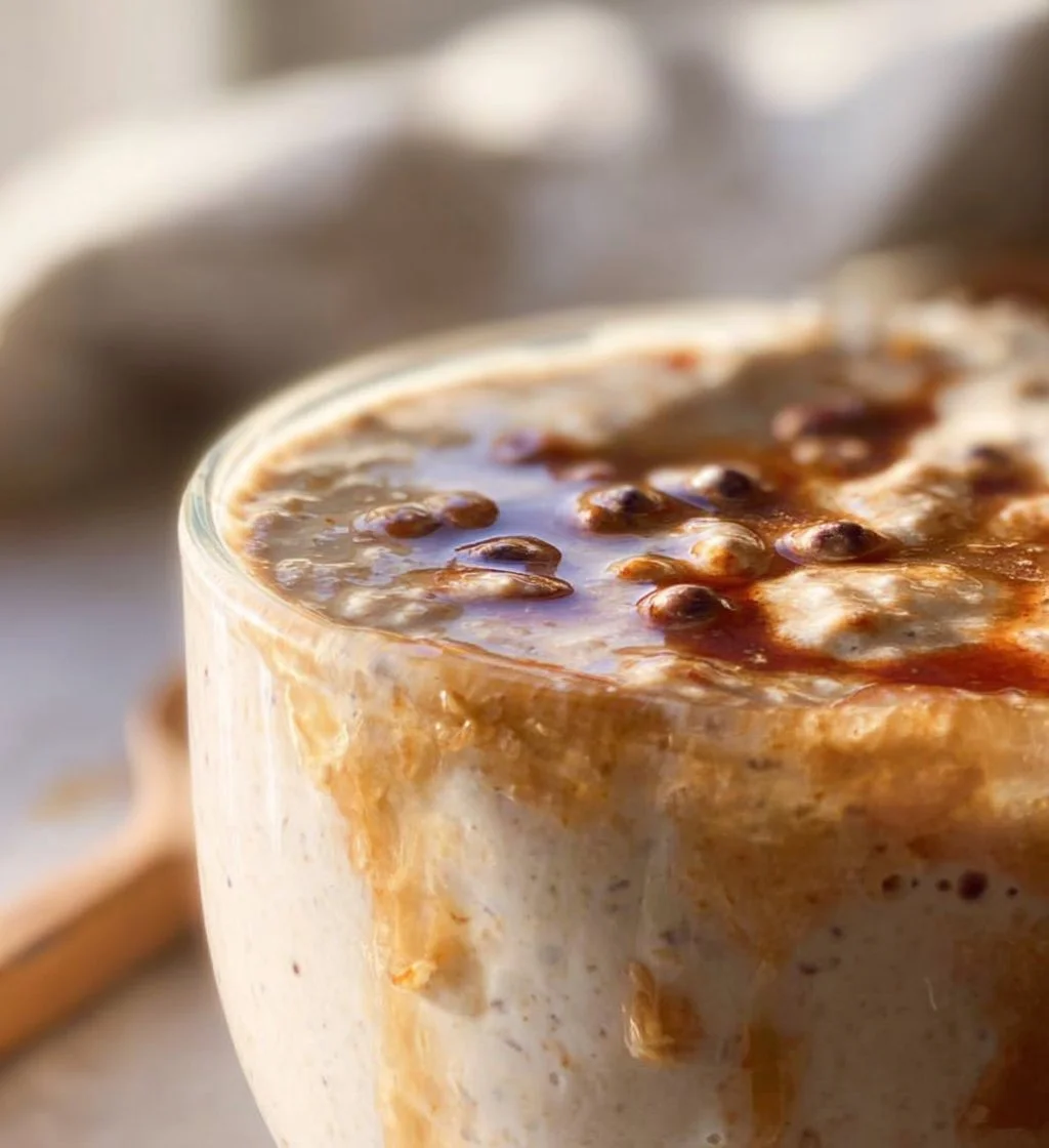Bowl of blended overnight oats topped with fruits and nuts