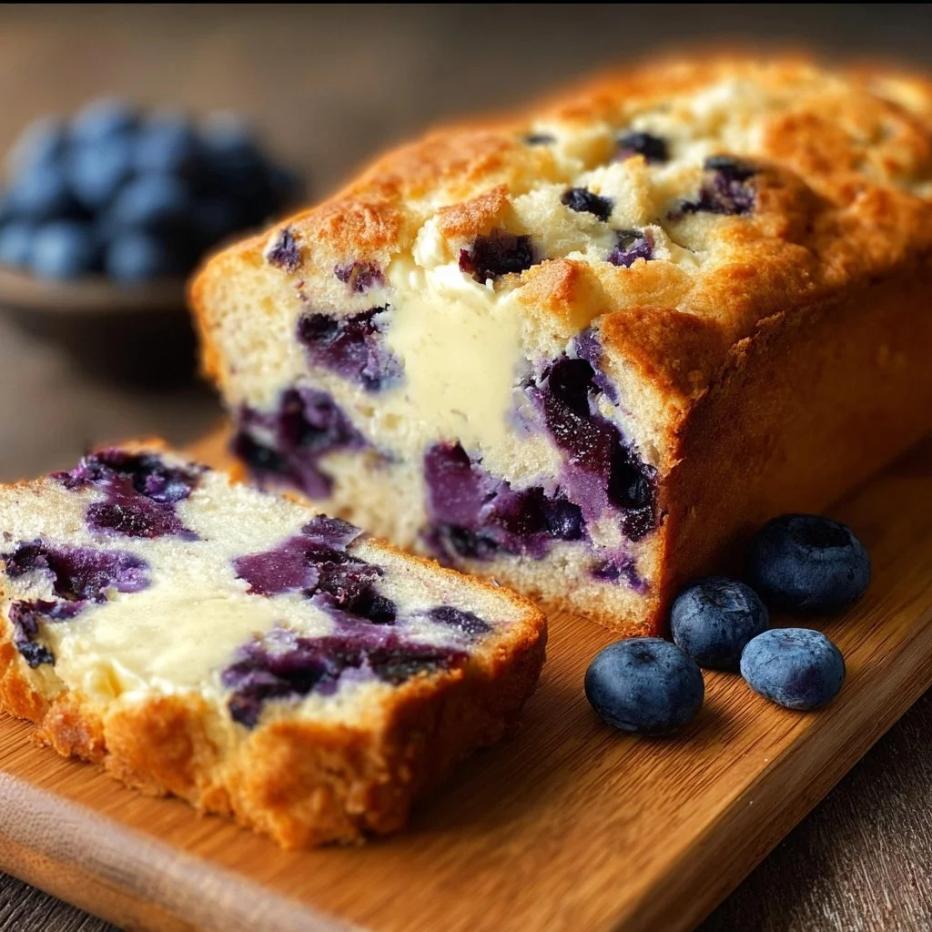 Blueberry cream cheese bread sliced, showcasing its moist texture and vibrant blueberries.