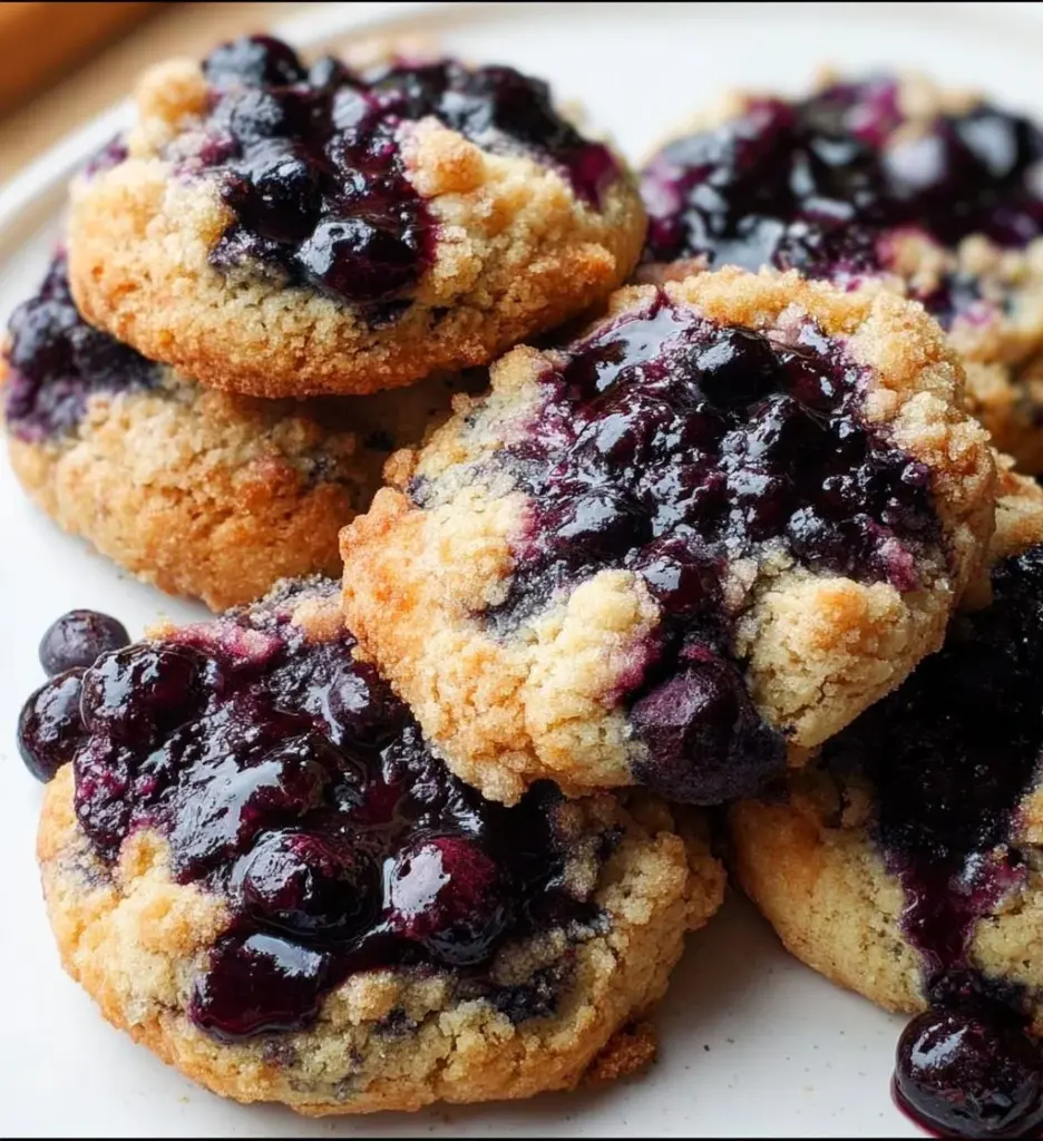 Delicious Blueberry Crumble Cake Cookies on a plate, topped with crumble