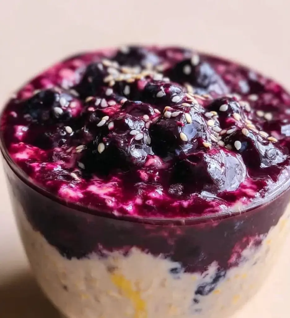 Blueberry lemon overnight oats in a jar garnished with fresh blueberries and lemons