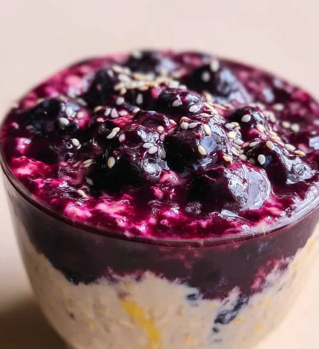 Blueberry lemon overnight oats in a jar garnished with fresh blueberries and lemons