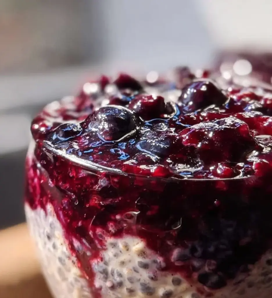 Bowl of blueberry overnight oats topped with fresh berries and nuts