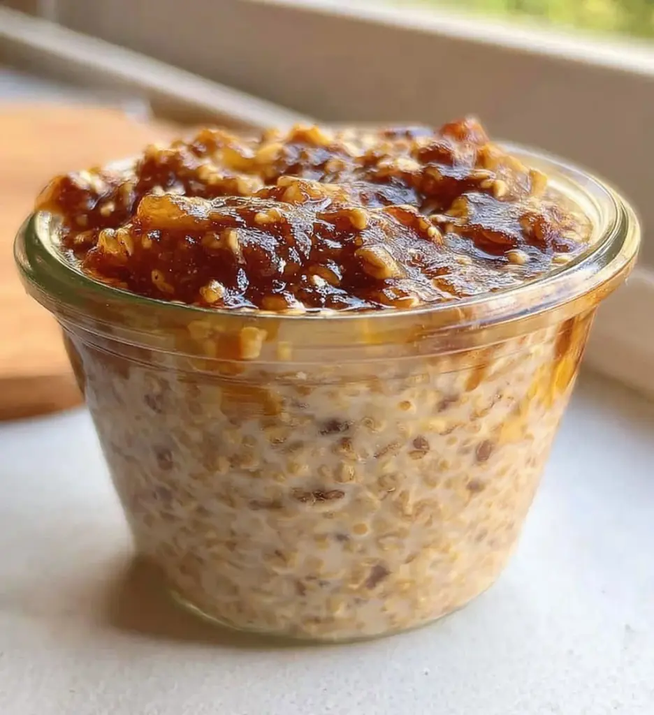 Bowl of delicious Brown Sugar Overnight Oats topped with fresh fruits and nuts