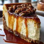 Slice of browned butter pecan cheesecake topped with caramel and pecans