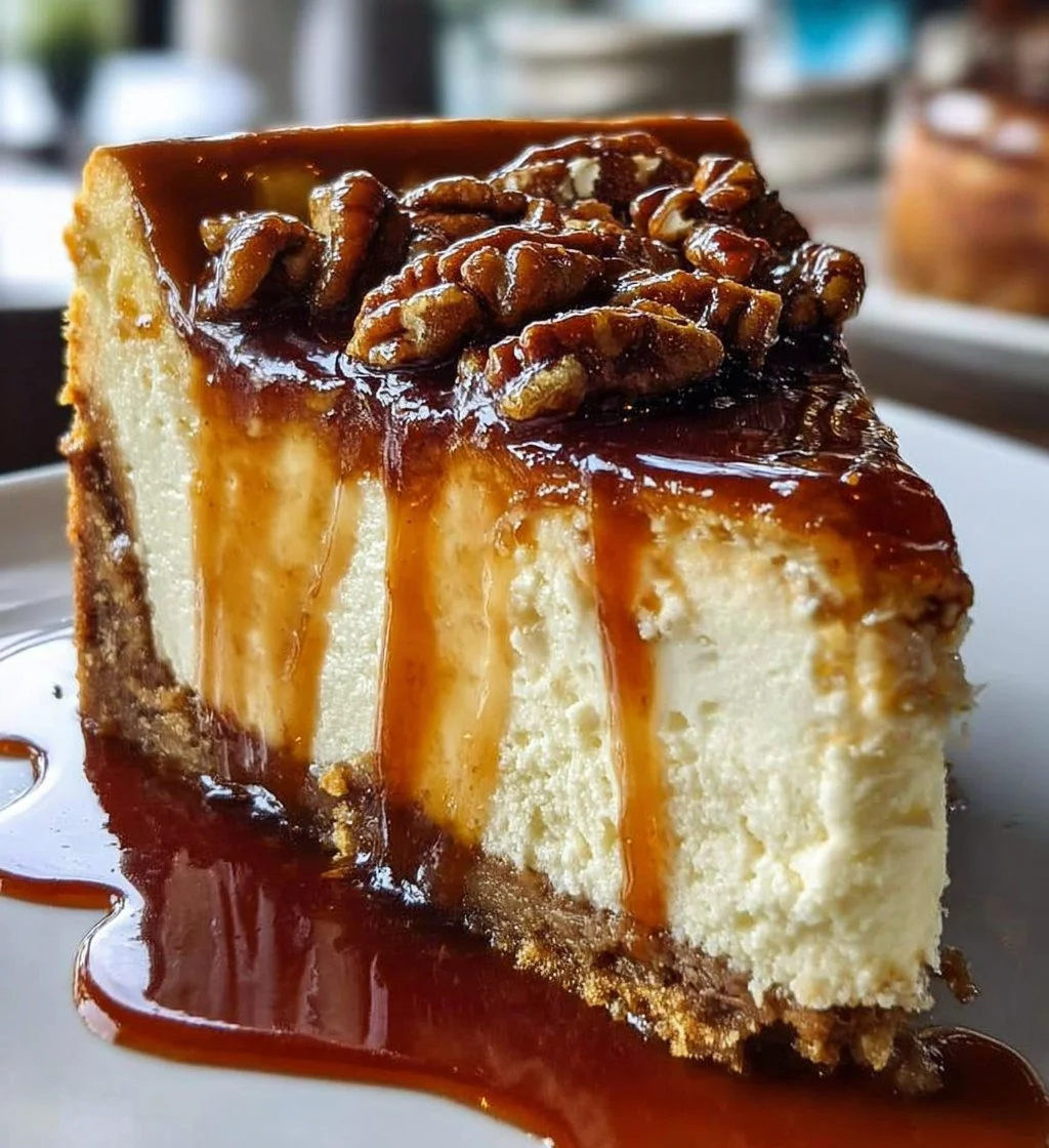 Slice of browned butter pecan cheesecake topped with caramel and pecans