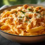Delicious Buffalo Chicken Alfredo Pasta topped with fresh herbs and spicy sauce