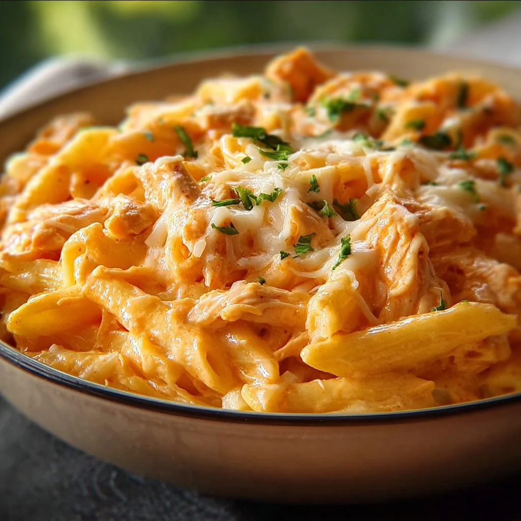 Delicious Buffalo Chicken Alfredo Pasta topped with fresh herbs and spicy sauce