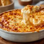 Creamy Buffalo Chicken Dip baked in an oven, served in a dish with tortilla chips.