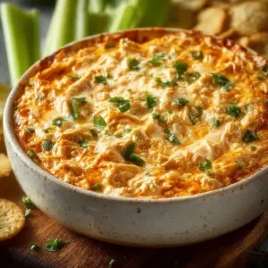 Delicious Buffalo Ranch Chicken Dip in a serving bowl, perfect for parties.