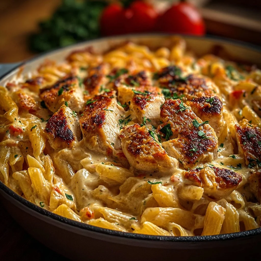 Cajun Cream Cheese Chicken Pasta Bake in a dish