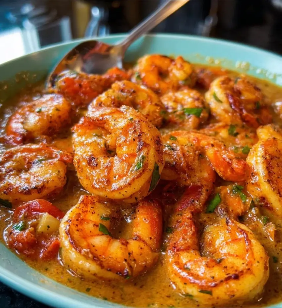 Plate of spicy Cajun shrimp with vegetables and herbs