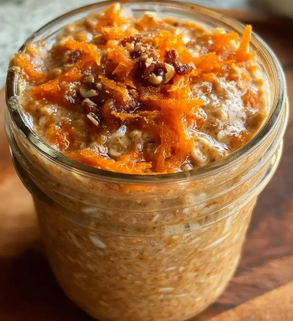 Bowl of Carrot Cake Overnight Oats topped with walnuts and raisins