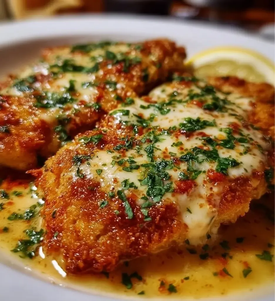 Delicious Crusted Chicken Romano from The Cheesecake Factory served with sauce