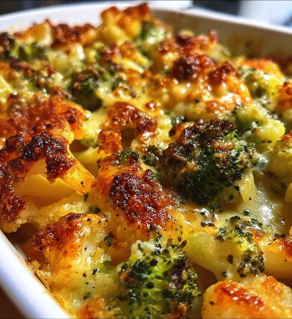 Cheesy broccoli and cauliflower bake served in a dish, a healthy side option