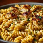 Cheesy Cajun Garlic Chicken Rotini Skillet dish with vibrant colors