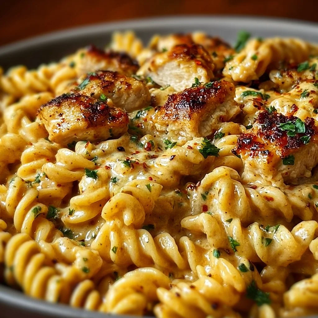 Cheesy Cajun Garlic Chicken Rotini Skillet dish with vibrant colors