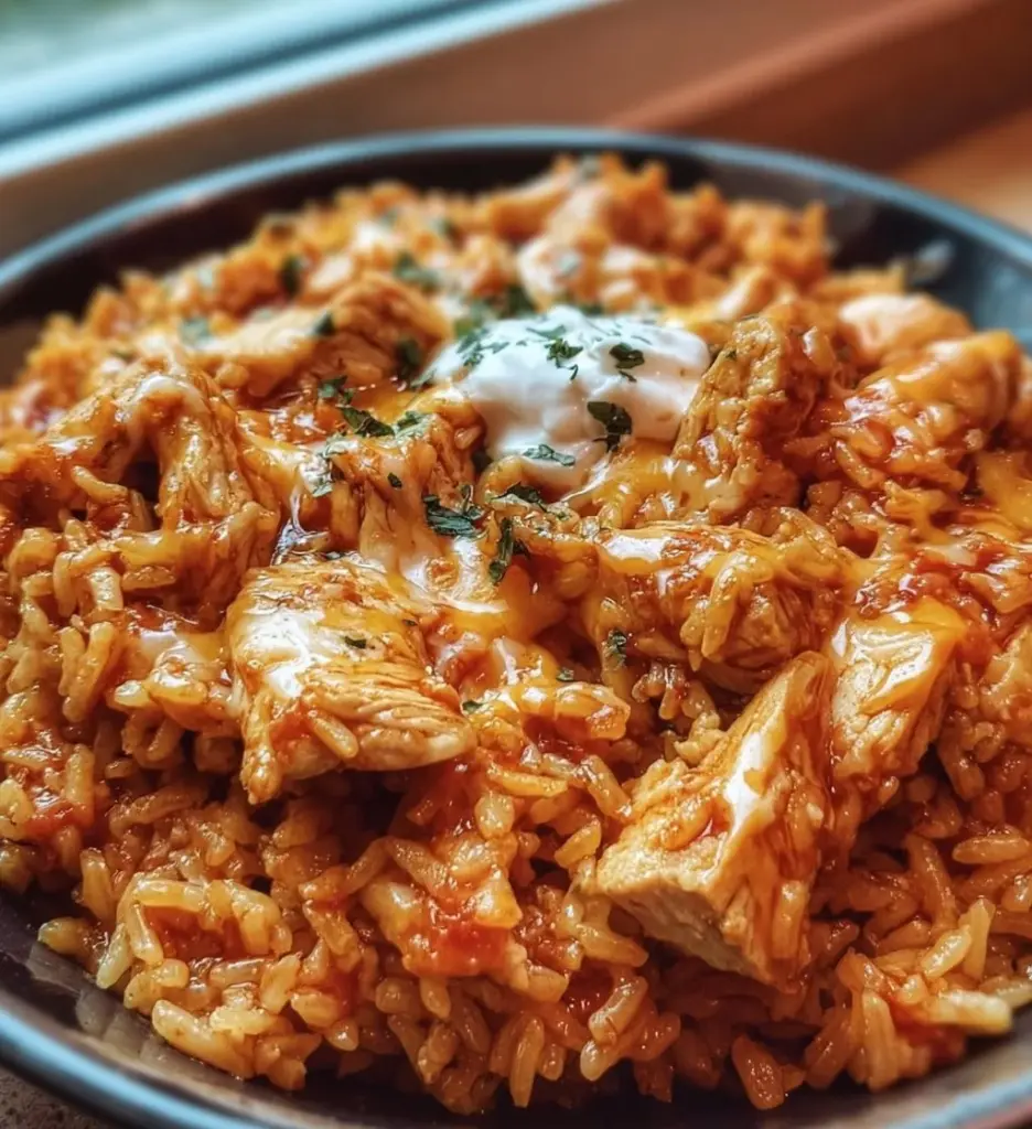 Cheesy Chicken Taco Rice served in a bowl with colorful toppings
