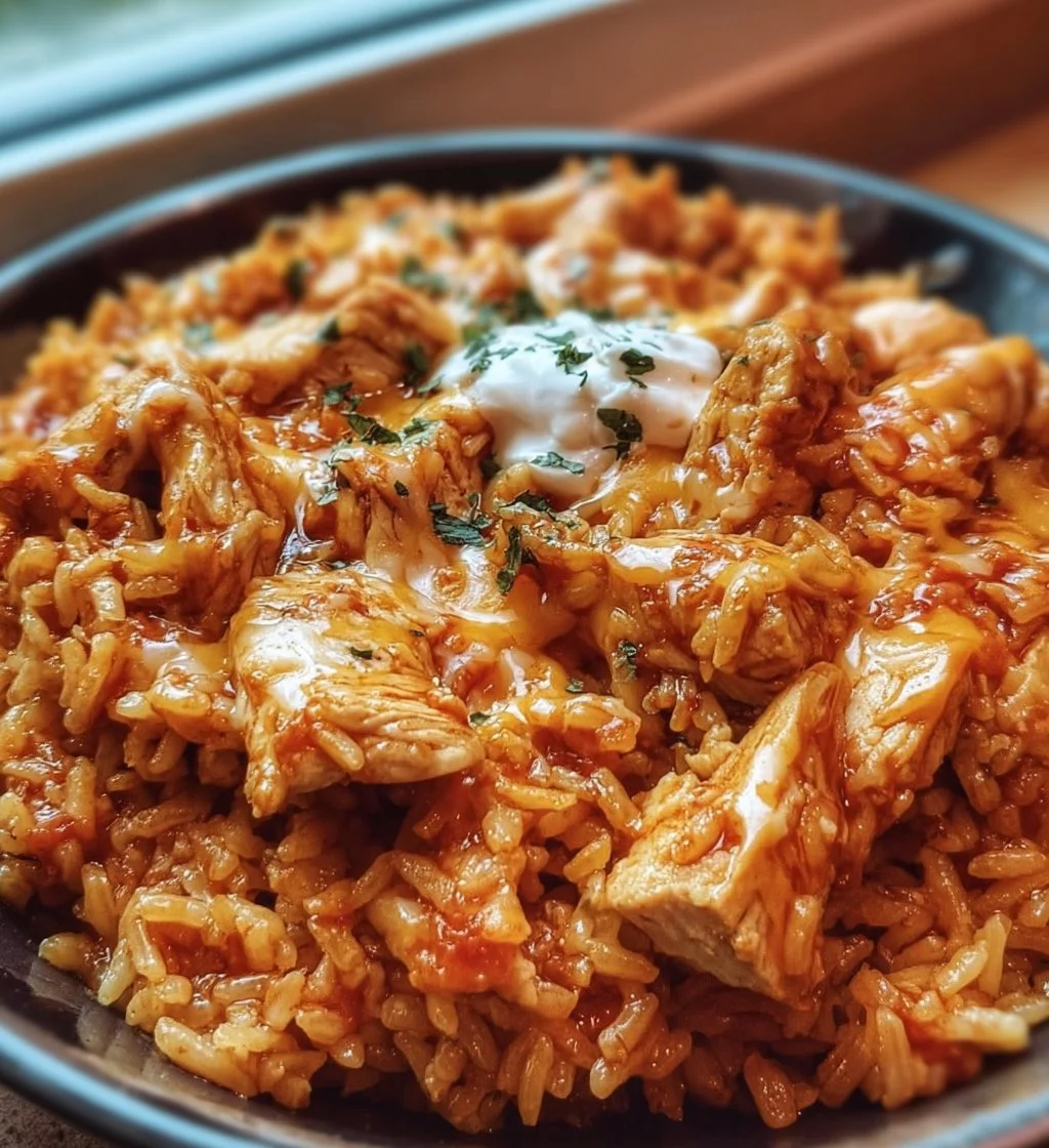 Cheesy Chicken Taco Rice served in a bowl with colorful toppings