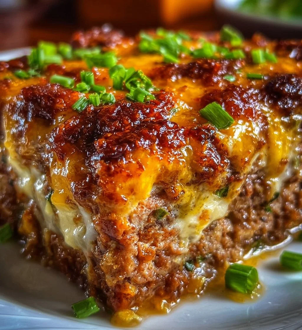 Cheesy meatloaf casserole topped with melted cheese and fresh herbs