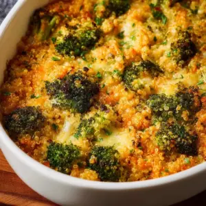 Cheesy quinoa broccoli casserole baked in a dish, garnished and ready to serve