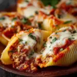 Plate of cheesy stuffed shells topped with marinara sauce and fresh basil