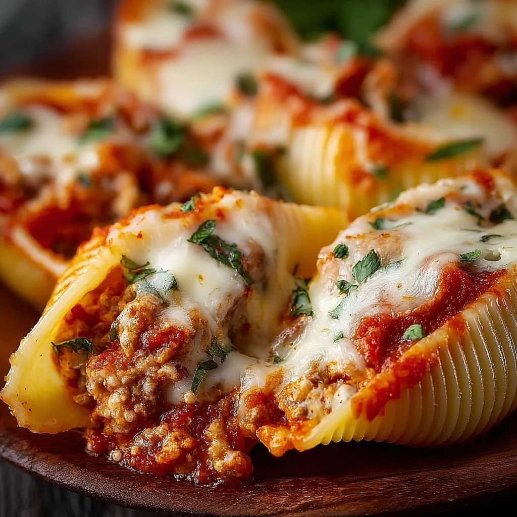 Plate of cheesy stuffed shells topped with marinara sauce and fresh basil