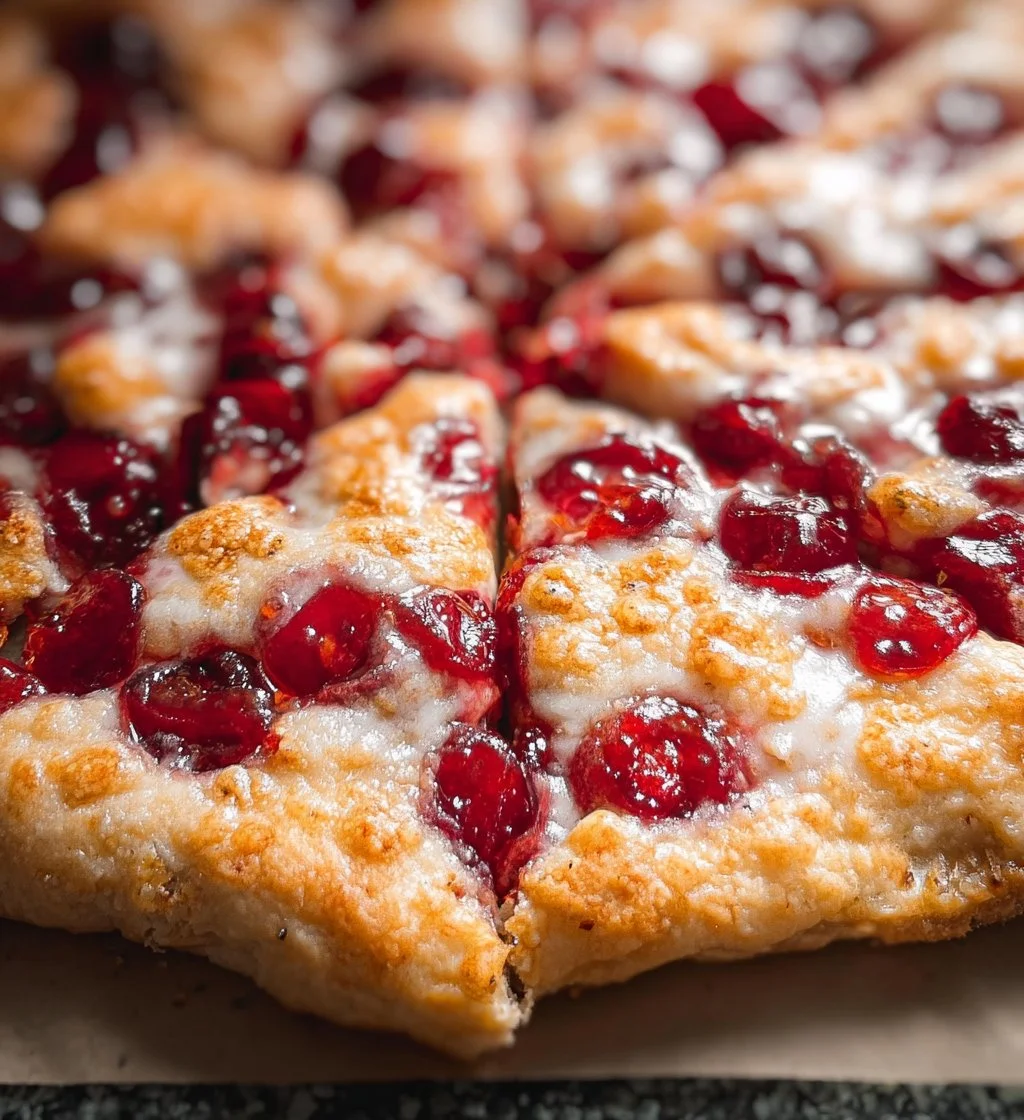 Delicious Cherry Dessert Pizza topped with fresh cherries and creamy sauce