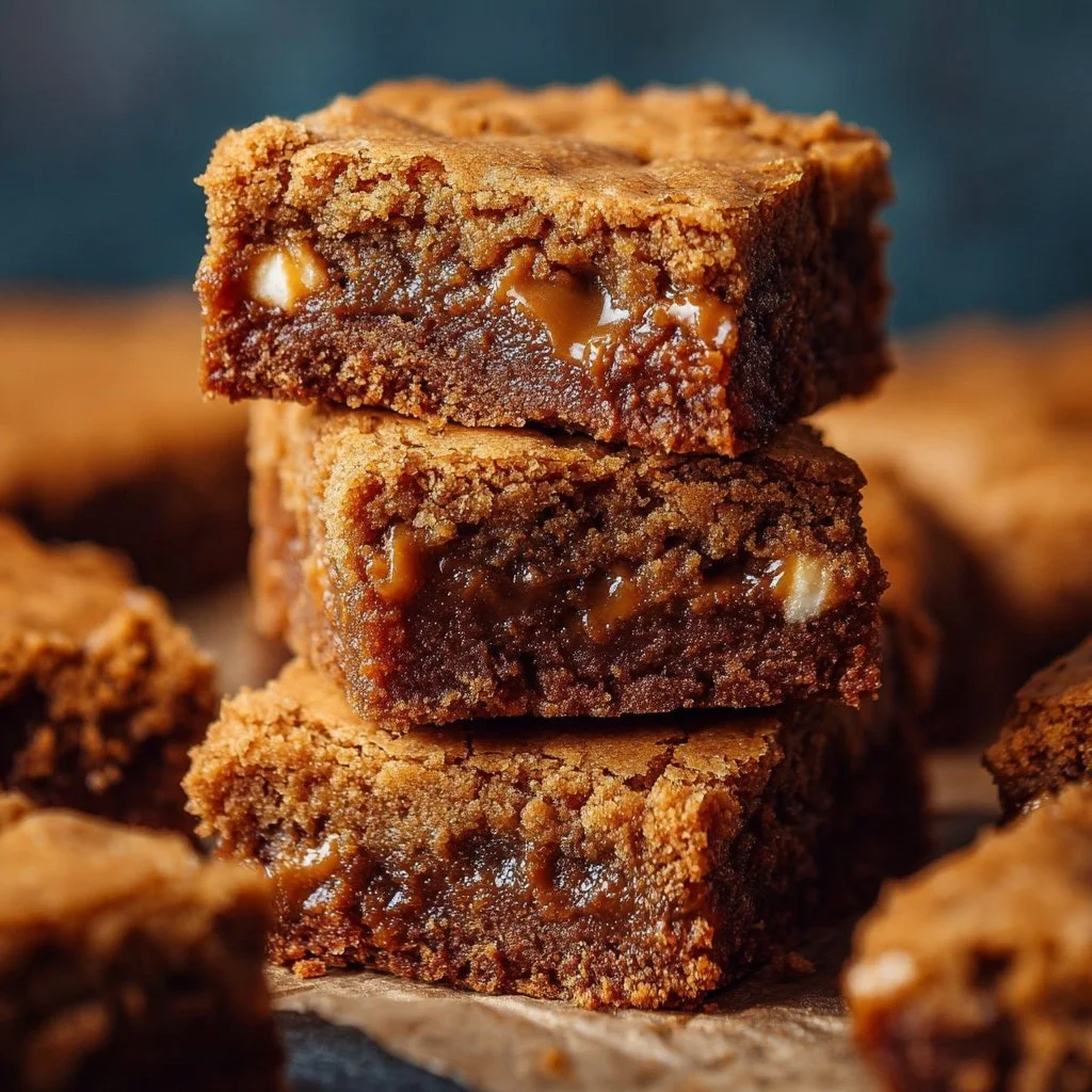 Delicious chewy Biscoff blondies, showcasing their rich caramel flavor and texture.