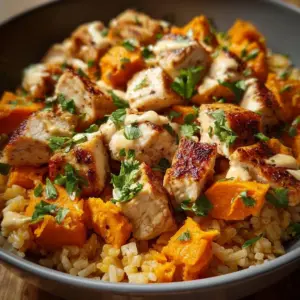 Delicious Chicken and Sweet Potato Rice Bowl with vibrant vegetables and rice
