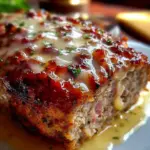 Chicken Cordon Bleu Meatloaf topped with melted cheese and herbs.