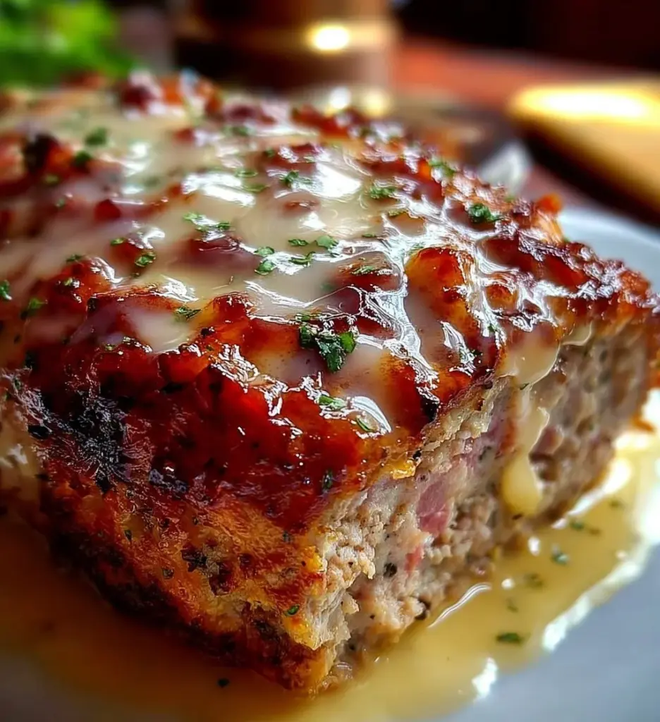 Chicken Cordon Bleu Meatloaf topped with melted cheese and herbs.
