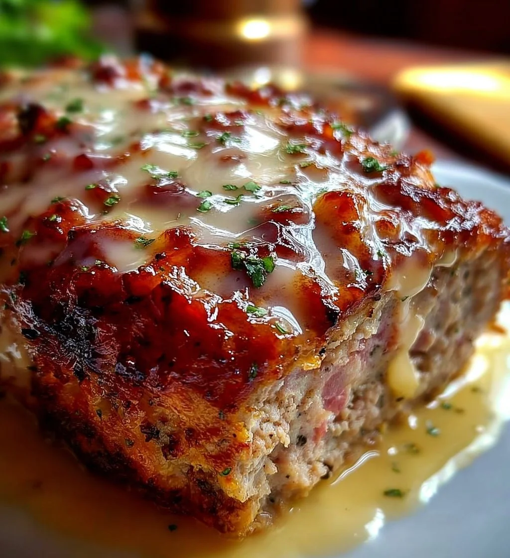 Chicken Cordon Bleu Meatloaf topped with melted cheese and herbs.