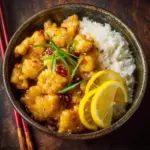 Delicious Chinese lemon chicken garnished with fresh lemon slices and herbs