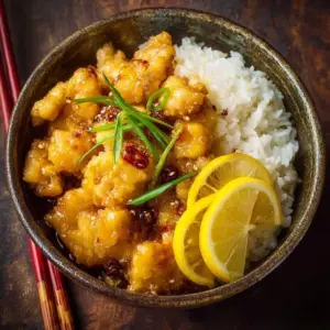 Delicious Chinese lemon chicken garnished with fresh lemon slices and herbs