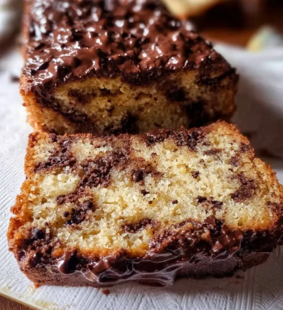 Homemade chocolate chip loaf cake with golden crust and melty chocolate chips