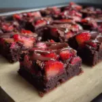 Chocolate covered strawberry brownies topped with fresh strawberries and chocolate drizzle
