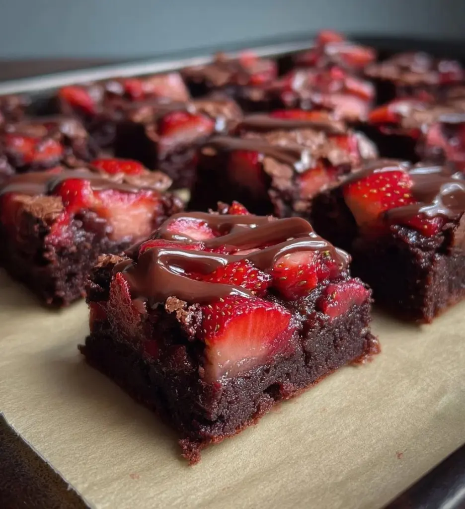 Chocolate covered strawberry brownies topped with fresh strawberries and chocolate drizzle